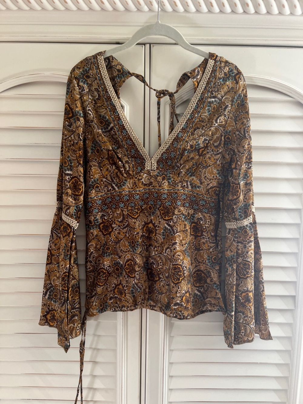 Karma Highway Bohemian Paisley V-Neck Peasant Top in Brown